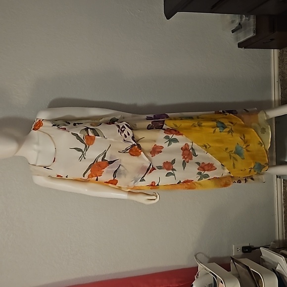 SACRED THREADS Canary Yellow Assymetric Floral Chiffon Sleeveless Maxi Dress - Picture 3 of 14